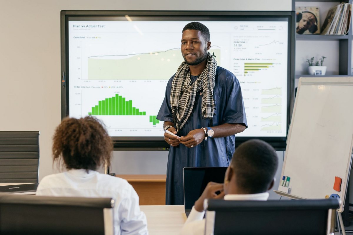 A consultant presenting performance dashboards on a large screen to colleagues in a meeting room
